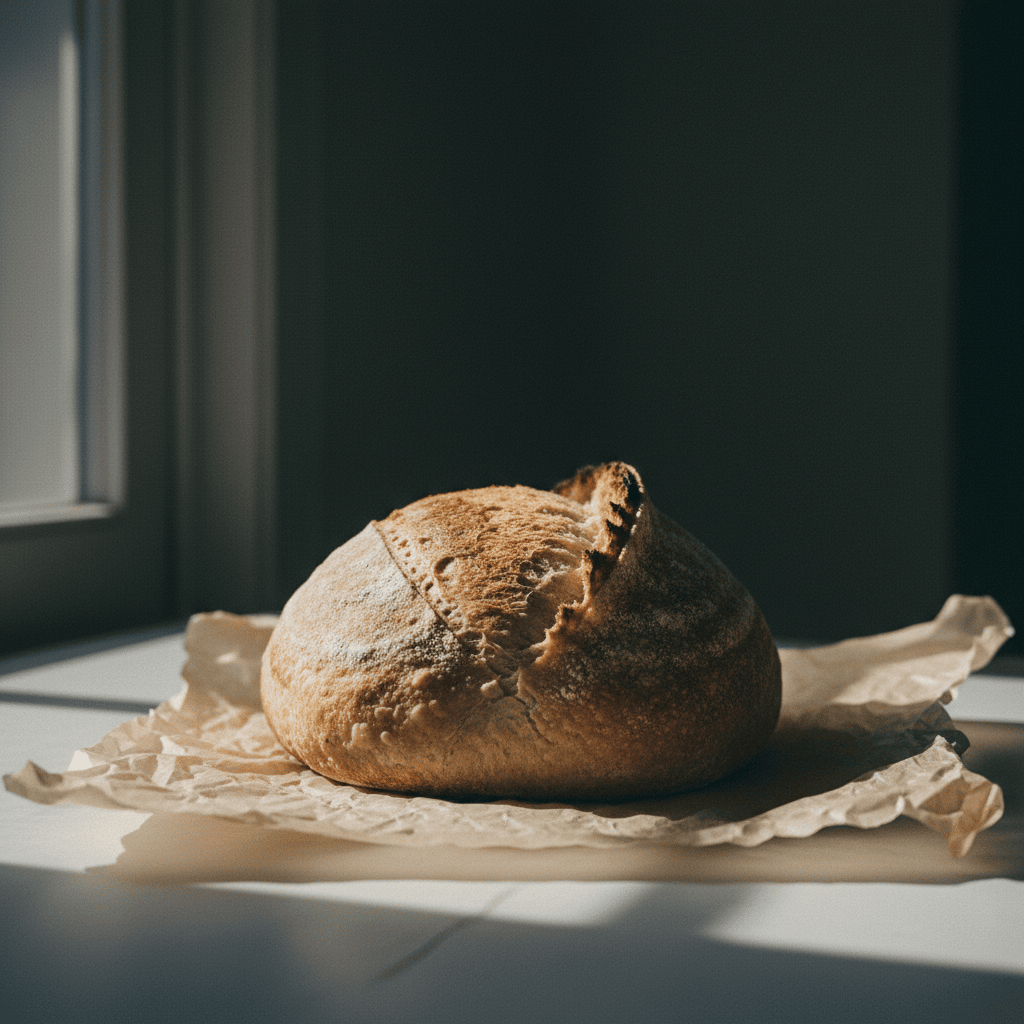 A sliced loaf of Country Sourdough, showing its open and airy crumb structure.