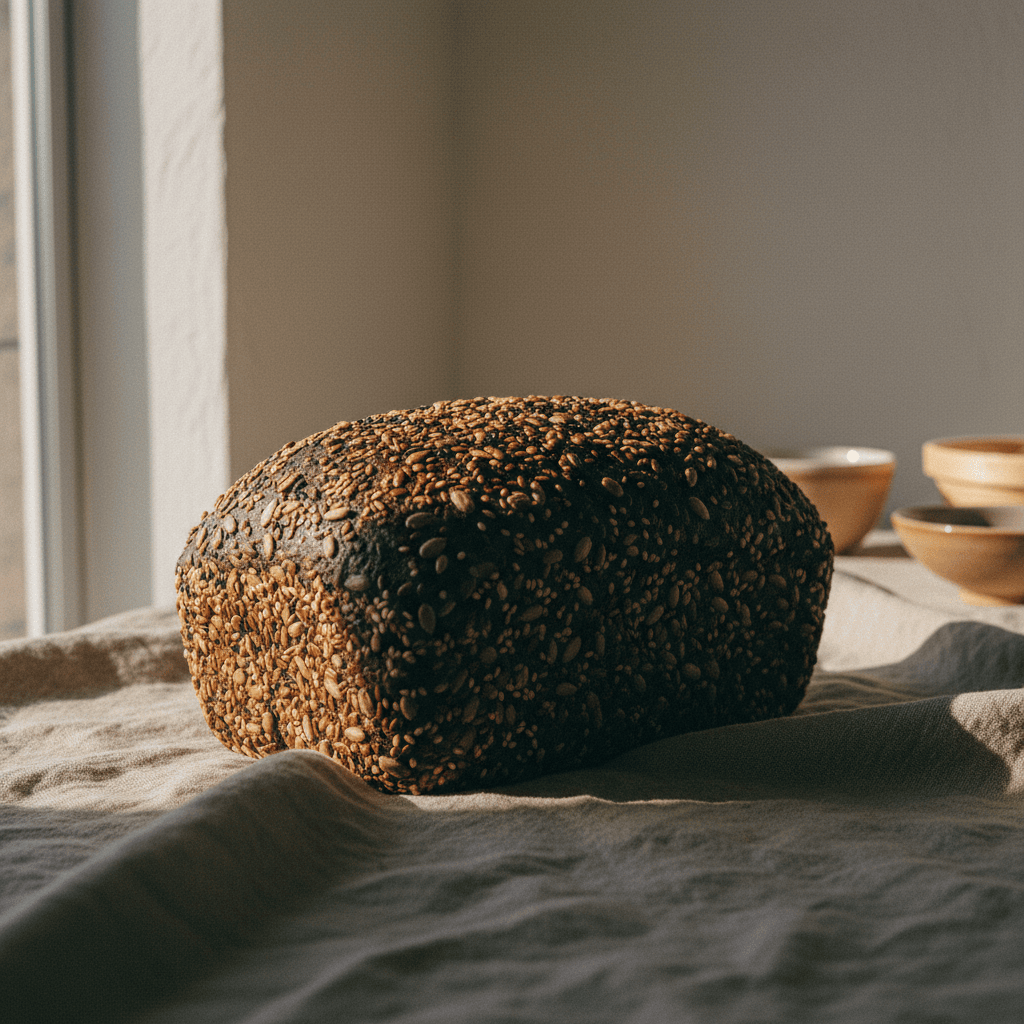 A whole loaf of Seeded Rye bread, its dark crust covered in various seeds.