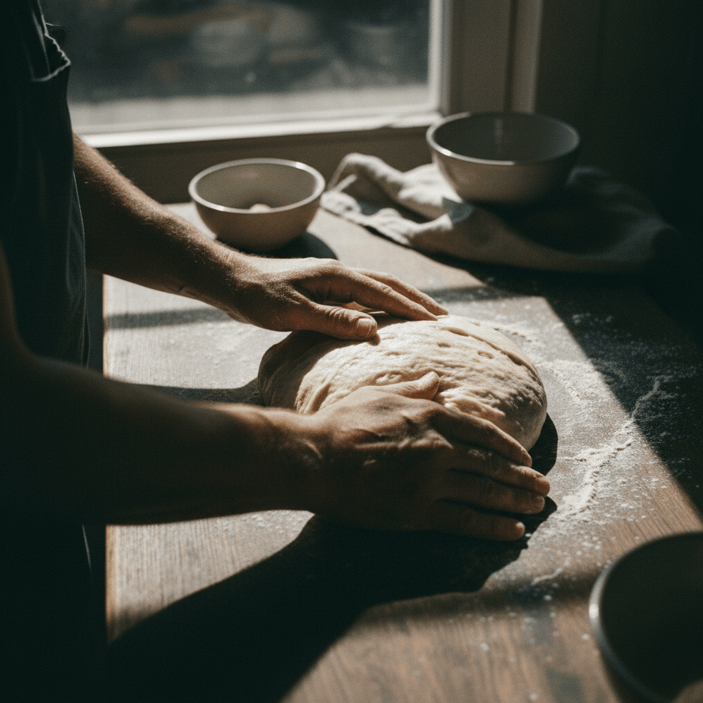 Baker's hands gently shaping a round of sourdough dough on a floured surface.