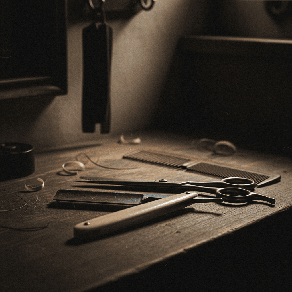 Close-up of classic barber tools: a straight razor, scissors, and a comb neatly arranged.