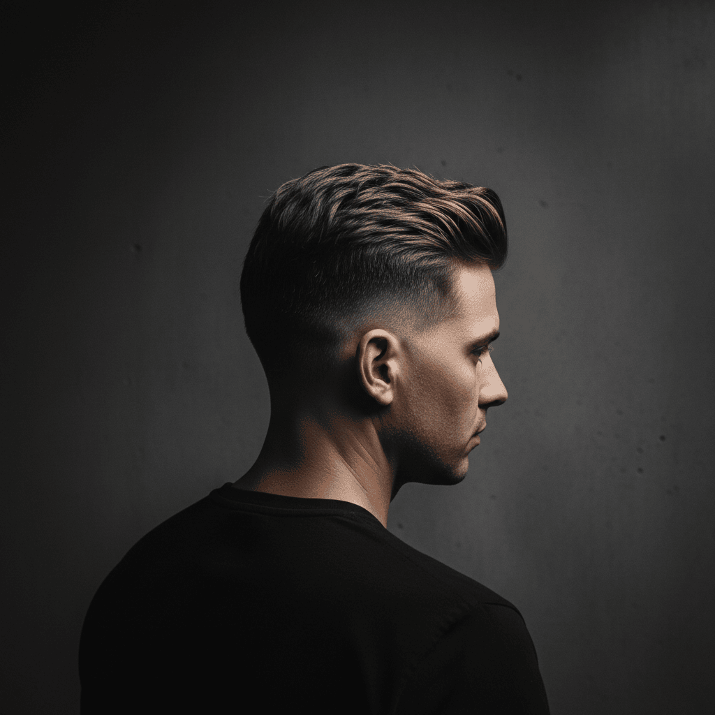 A sharp, clean men's haircut with a fade, viewed from the side.
