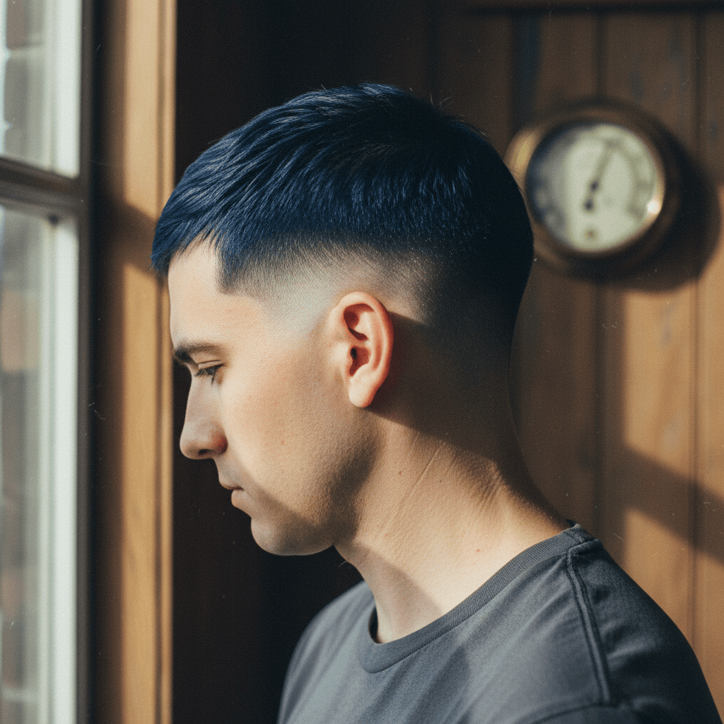 A man with a clean, classic fade haircut, viewed from the side.