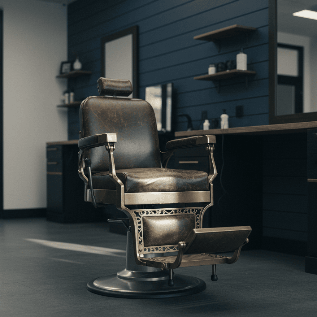An atmospheric view of a classic, well-appointed barbershop interior.