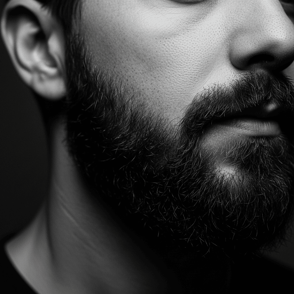 Detailed view of a perfectly sculpted and lined-up beard.