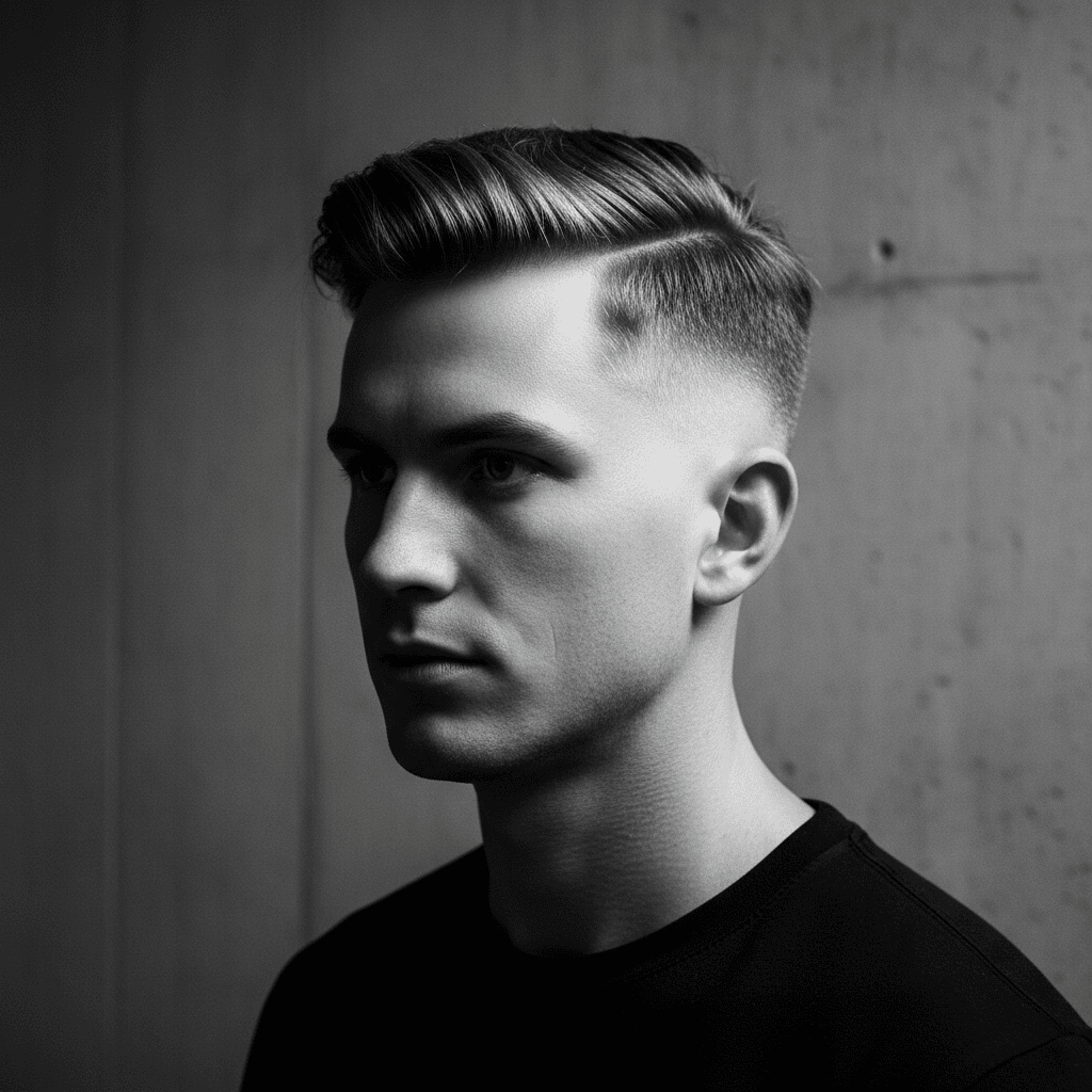 A classic pompadour haircut with a sharp skin fade, viewed from the side.